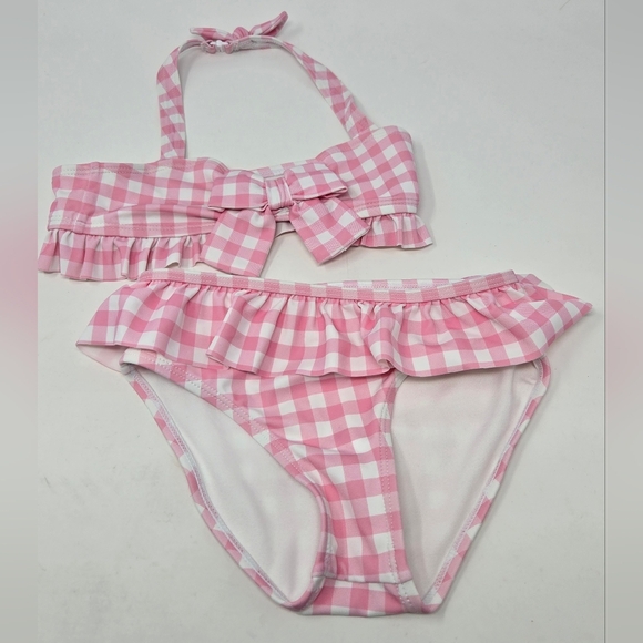 JANIE AND JACK BEGONIA PINK GINGHAM HALTER RUFFLE TWO PIECE BATHING SUIT GIRLS 6 - Picture 2 of 14